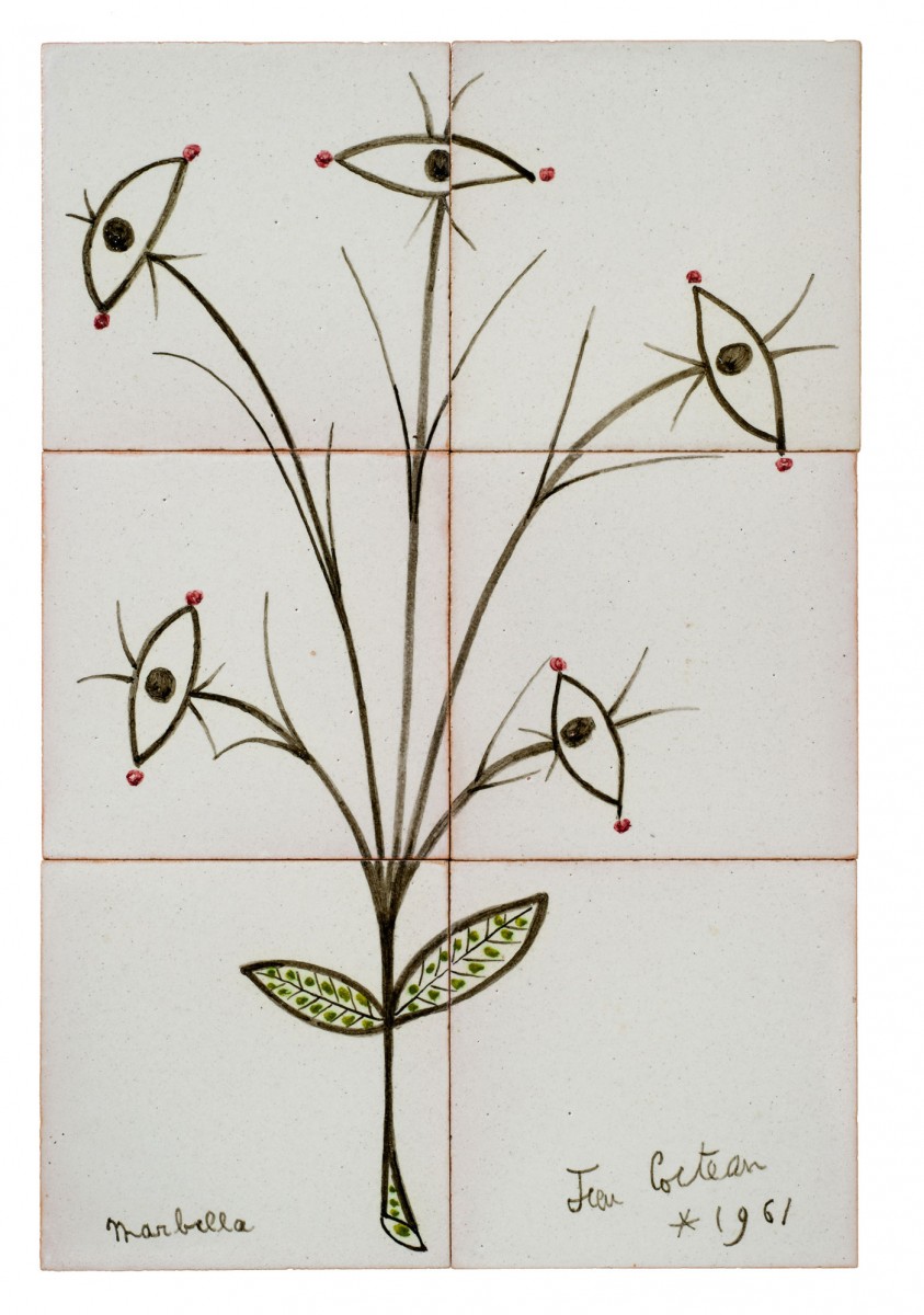 «Άνθος των ματιών», έργο του Ζαν Κοκτώ. Marbella, 1961. Επιτοίχια σύνθεση με έξι πλακίδια από επισμαλτωμένη τερακότα, 42x28 εκ. 