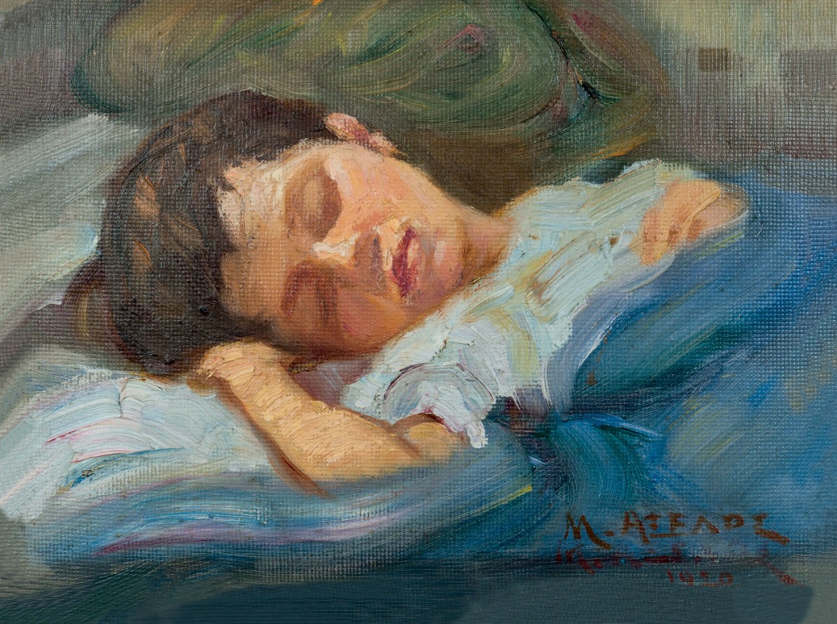 Μ. Αξελός, «Ο ύπνος», 1918. Λάδι σε κόντρα πλακέ, 17,9x23,9 εκ. Μουσείο της Τράπεζας της Ελλάδος (Αρ. Συλλογής Νο ΑΞ 191).