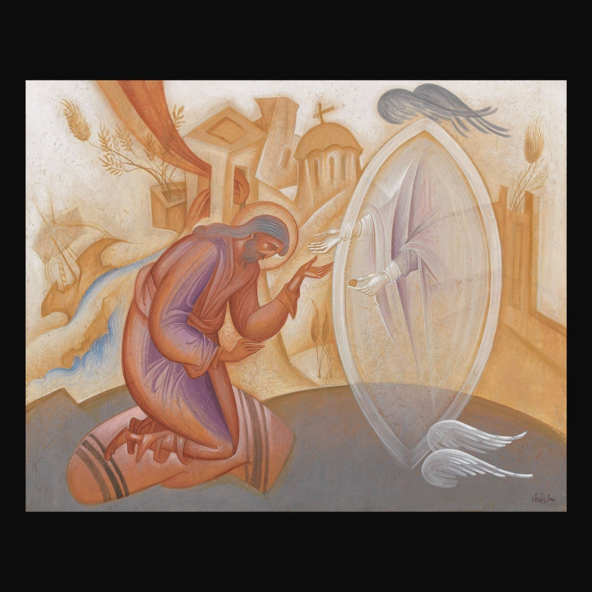 Γιώργος Κόρδης, «Το όραμα του αγίου Ιωάννη του Κουκουζέλη». Αυγοτέμπερα σε χαρτί επί ξύλου, 40x50 εκ.