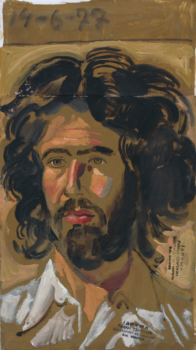Γιάννης Τσαρούχης, «Σπουδή για πορτρέτο του Γιώργου Ορφανού», 1977. Αυγοτέμπερα σε χαρτί, 42,6x23,9 εκ. Ίδρυμα Γιάννη Τσαρούχη, αρ. ευρ. 2756.