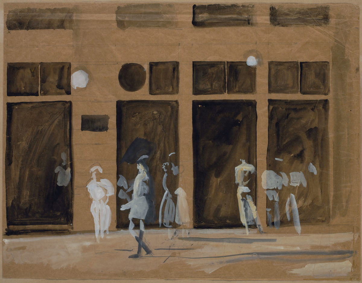 Γιάννης Τσαρούχης, «Καφενείο Μαυροκέφαλου», 1966. Νερομπογιά σε χαρτί kraft, 49,5x64 εκ. Ίδρυμα Γιάννη Τσαρούχη, αρ. ευρ. 1026.