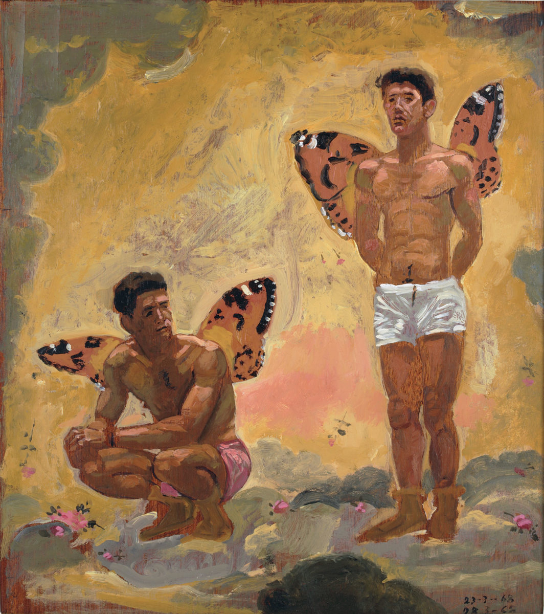 Γιάννης Τσαρούχης, «Δύο άνδρες με φτερά πεταλούδας», 1968. Λάδι σε καπλαμά, 44,5x39,4 εκ. Ίδρυμα Γιάννη Τσαρούχη, αρ. ευρ. 631.