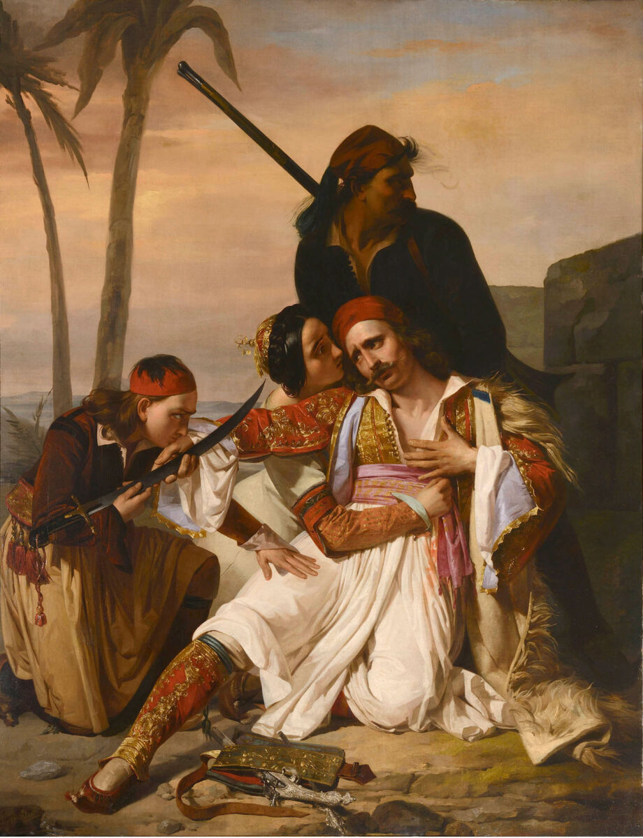 Ludovico Lipparini (1800-1856), «Ο θάνατος του Λάμπρου Τζαβέλλα», 1840. Ελαιογραφία σε καμβά, 220x170 εκ. Συλλογή Ιδρύματος Αντώνιος Ε. Κομνηνός.