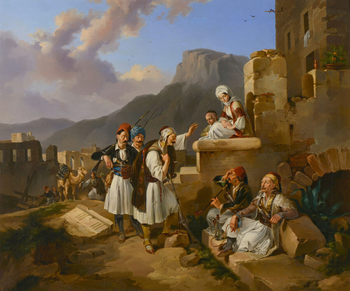 Johann Georg Christian Perlberg (1806-1884), «Σκηνή από την Επανάσταση», 1839. Ελαιογραφία σε καμβά, 70x84 εκ. Συλλογή Ιδρύματος Αντώνιος Ε. Κομνηνός.