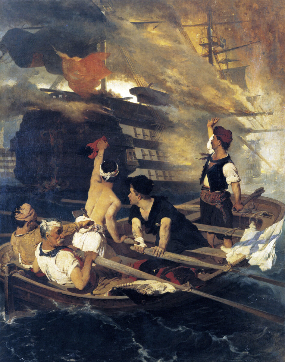 Νικηφόρος Λύτρας, «Η πυρπόληση της τουρκικής ναυαρχίδας από τον Κανάρη», π. 1866-1870. Λάδι σε μουσαμά, 143x109 εκ. Πινακοθήκη Αβέρωφ, Μέτσοβο (φωτ.: Wikimedia Commons).