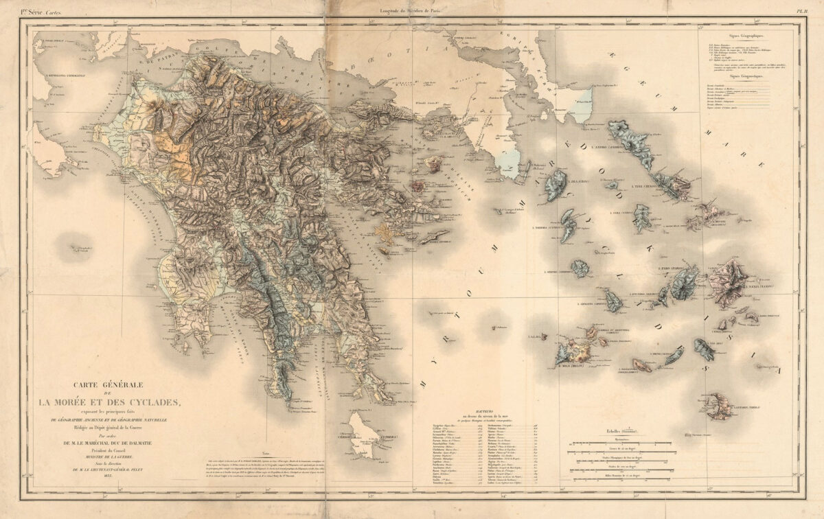 Χάρτης της γεωλογικής διαμόρφωσης και των ερειπίων της Πελοποννήσου, από τον Άτλαντα της Επιστημονικής Αποστολής του Μοριά, Παρίσι 1833. Συλλογή Γιώργου Κωστόπουλου.
