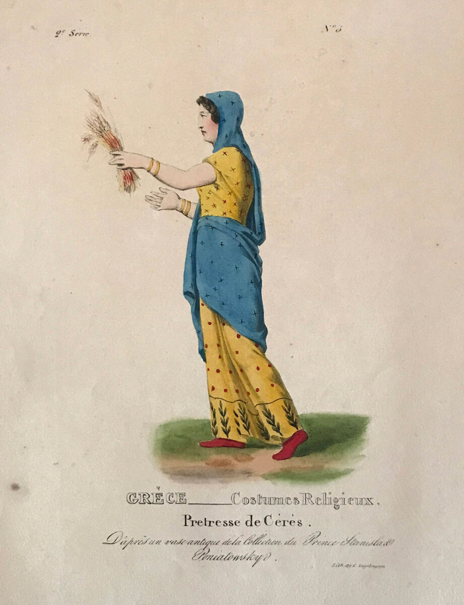Ιέρεια της Δήμητρας. Επιχρωματισμένη ξυλογραφία από το λεύκωμα «COSTUMES DE LA GRECE ANTIQUE», Παρίσι 1826. Συλλογή Γιώργου Παυλόπουλου.