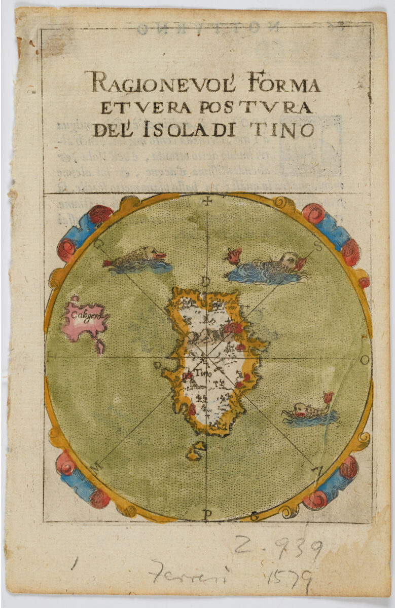Χάρτης της Τήνου. Επιχρωματισμένη χαλκογραφία, από την έκδοση του Francesco Ferretti, Diporti Notturni, Ανκόνα, 1580. Μουσείο Μπενάκη ΦΧ02560. Δωρεά Ευστάθιου I.  Φινόπουλου.