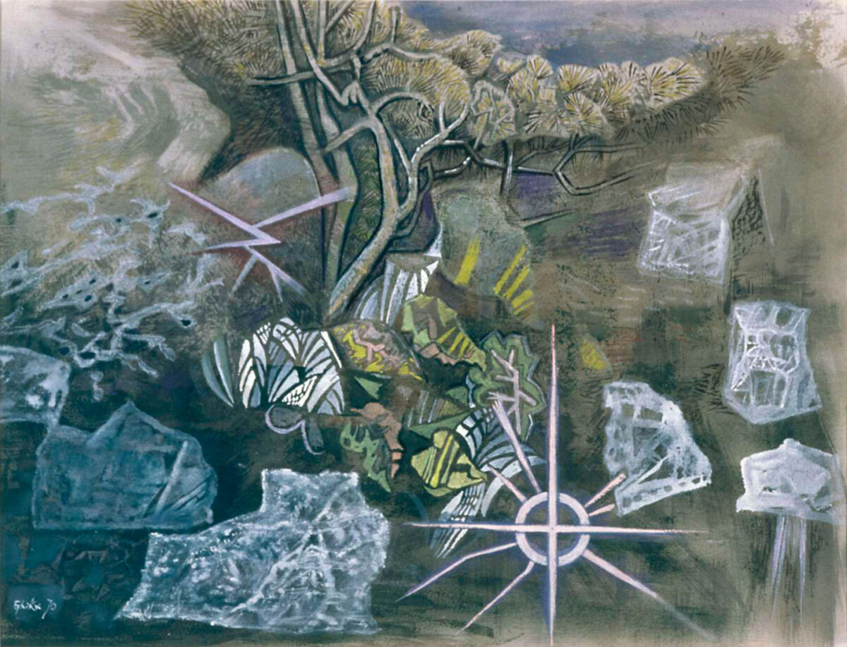 Nίκος Χατζηκυριάκος-Γκίκας (1906-1994), «Ερημική παραλία», 1970, υδατογραφία και γκουάς σε χαρτί. Δάνειο από τη Βρετανική Κυβερνητική Συλλογή (10023). Παρουσιάζεται στο Μουσείο Μπενάκη / Πινακοθήκη Γκίκα.