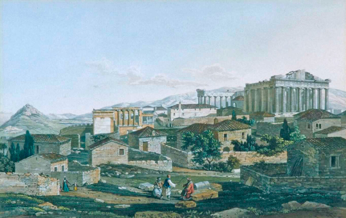 Edward Dodwell (1776/7-1832), «Η δυτική όψη του Παρθενώνα», 1821, επιχρωματισμένο χαρακτικό. Δάνειο από τη Βρετανική Κυβερνητική Συλλογή (14719). Παρουσιάζεται στο Μουσείο Μπενάκη Ελληνικού Πολιτισμού.