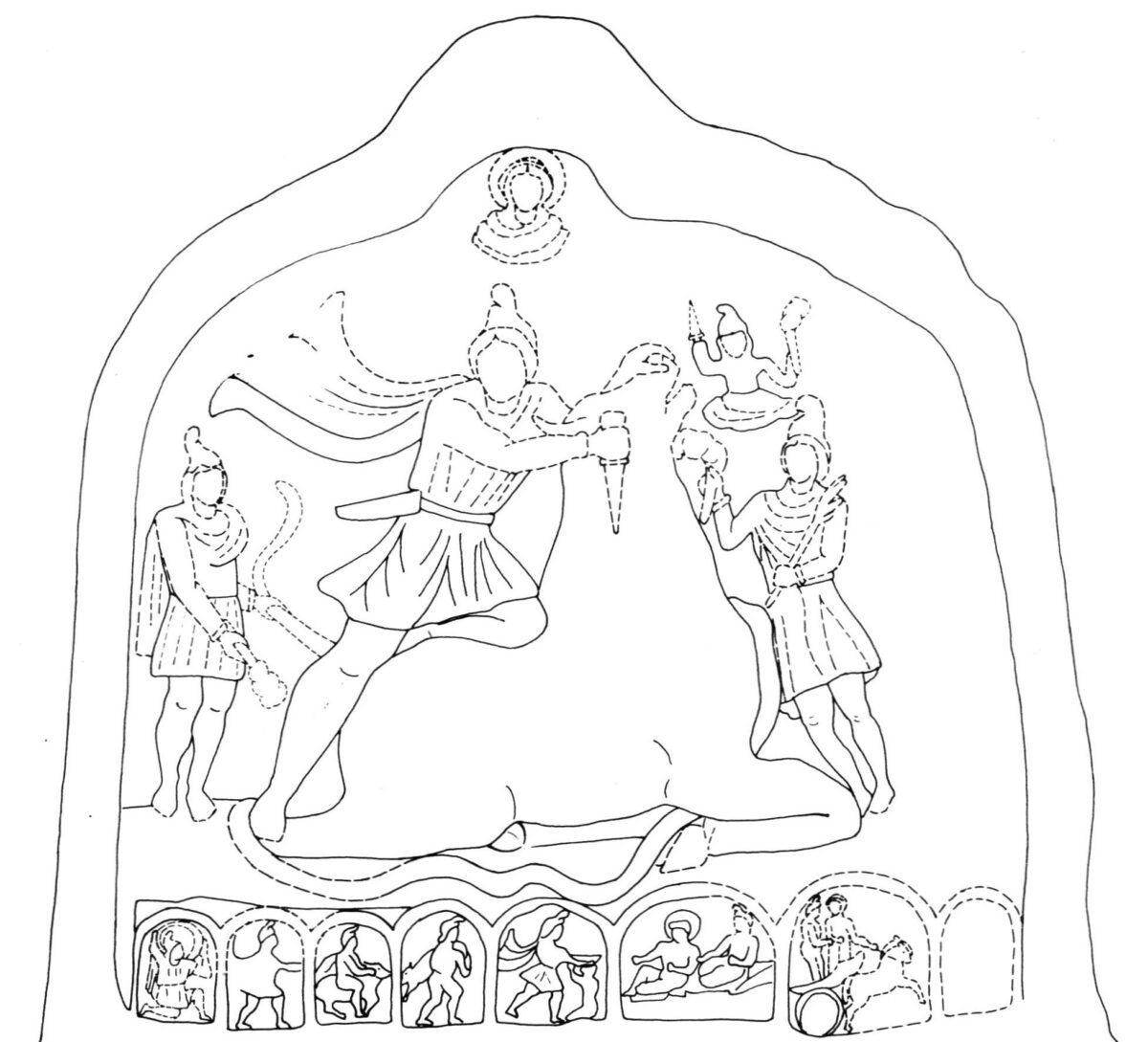 Σχέδιο της παράστασης που εικονίζεται στο ανάγλυφο του Μίθρα Ταυροκτόνου. Πηγή εικόνας: ΑΠΕ-ΜΠΕ.