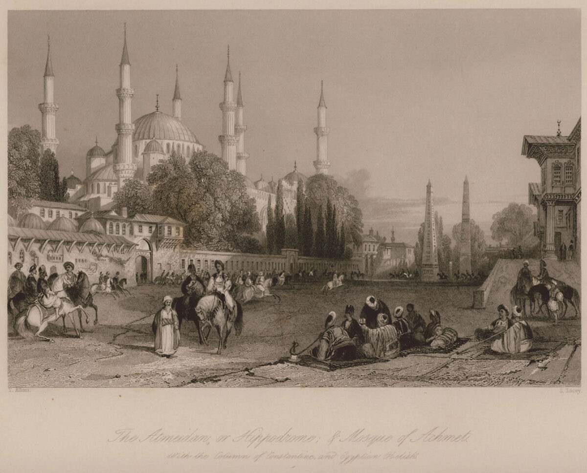 Η πλατεία Ατ Μεϊντανί στη θέση του βυζαντινού Ιπποδρόμου της Κωνσταντινούπολης και το τέμενος του Σουλτάνου Αχμέτ Α'. Πηγή: Travelogues.