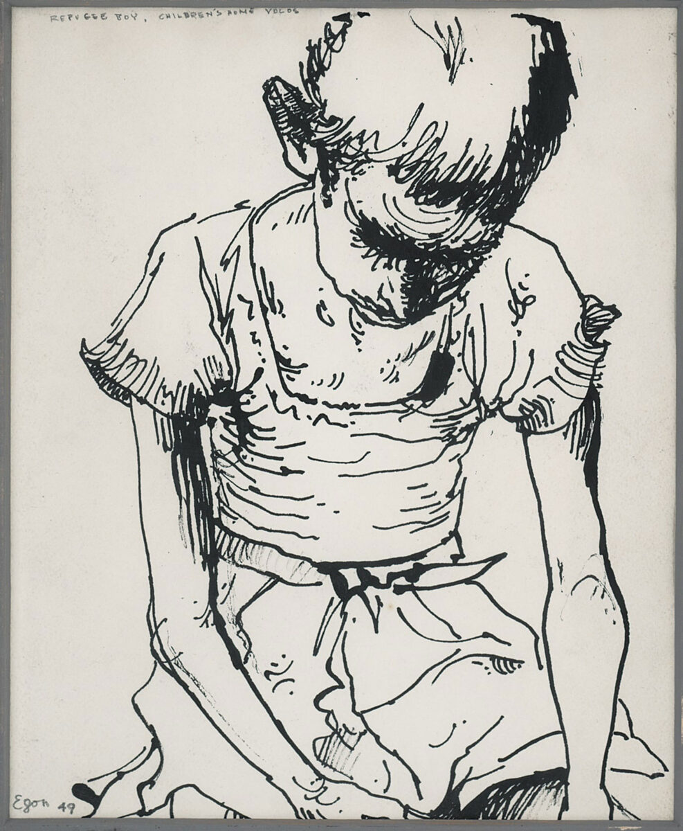 Nicholas Egon, «Κώστας Μαλαχίας, ορφανό του Πηλίου», Λάρισα, 1949, πέννα και ινδική μελάνη σε χαρτί Whatman, 28x23 εκ. Πηγή εικόνας: Τελλόγλειο Ίδρυμα Τεχνών ΑΠΘ.