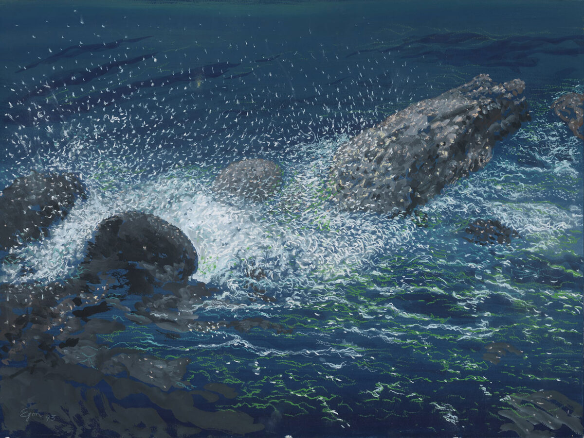 Nicholas Egon, «Κύματα και αφρός στα βράχια», 1993, ακουαρέλα και παστέλ σε χειροποίητο χαρτί, 57x78 εκ. Πηγή εικόνας: Τελλόγλειο Ίδρυμα Τεχνών ΑΠΘ.