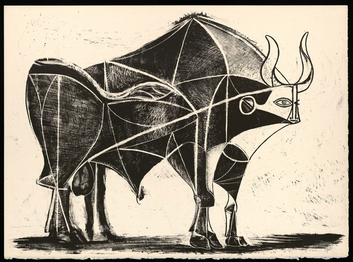 «Ταύρος», Παρίσι, 2 Ιανουαρίου 1946. Λιθογραφία, 32,6x44,4 εκ. Προέλευση: Casa Natal Picasso, Μάλαγα. Από την έκθεση «Pablo Picasso: Εξορία και Νοσταλγία», στη Θεσσαλονίκη. Πηγή εικόνας: MOMus.