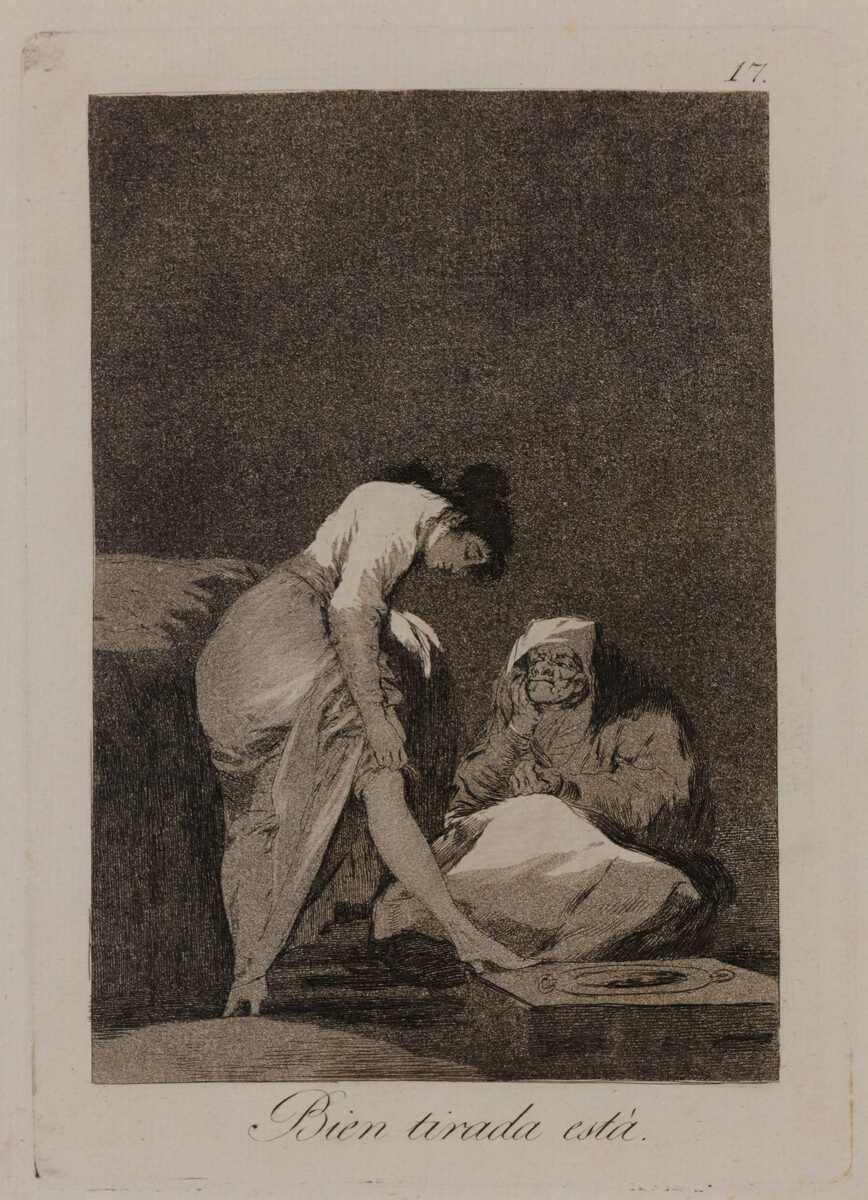 Francisco Goya y Lucientes (Φουεντετόδος 1746-Μπορντώ 1828), «Την τραβάει σωστά», 1797-1798. Εκτύπωση 1803. Οξυγραφία, στιλβωμένη ακουατίντα και καλέμι, 21,5x15,1 εκ. Από τη σειρά «Los Caprichos». Πηγή εικόνας: ΑΠΕ-ΜΠΕ.